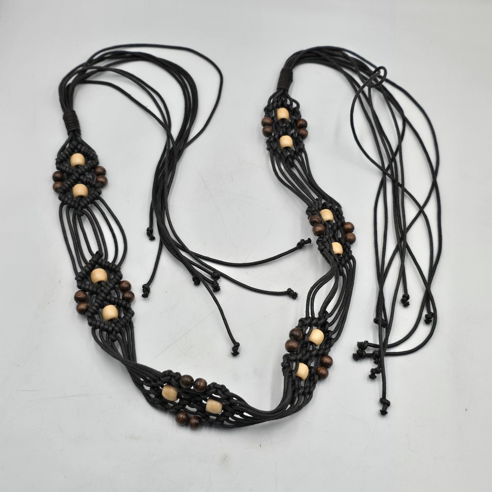 Handmade Belt Womens OS Macrame Wood Bead Boho Hippie Black Fringe Tie Western